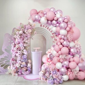 RUBFAC 136pcs Pink Purple Balloon Garland Kit, Butterfly Pink Purple Rose Gold Confetti Latex Balloons for Wedding Bridal Baby Shower Princess Theme Party Decorations