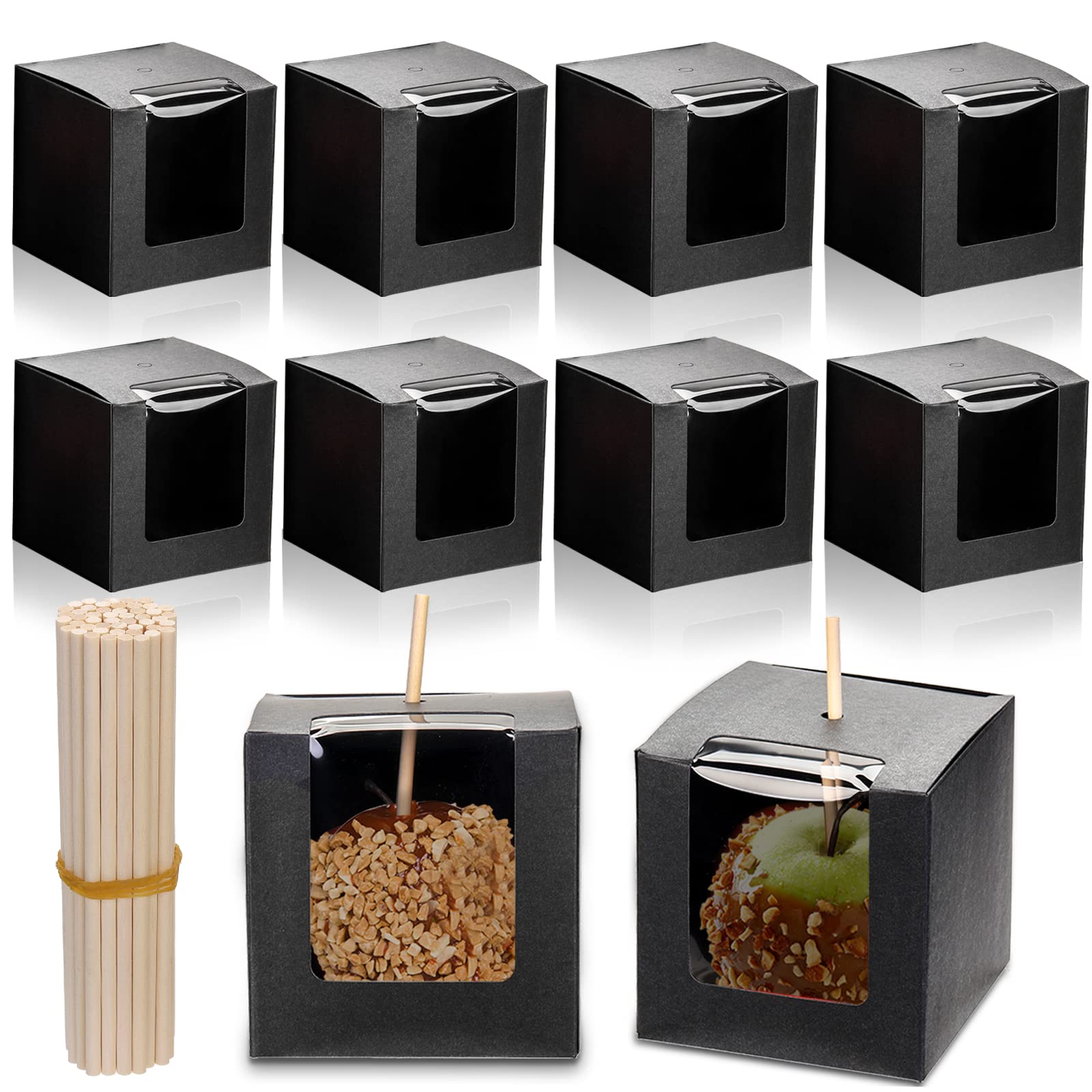 ZEAYEA 50 Pack Candy Apple Boxes with Hole and Sticks, 4" x 4" x 4" Caramel Apples Gift Box with Clear Window for Party, Wedding, Halloween, Thanksgiving, Carboard Treat Box for Candy Making