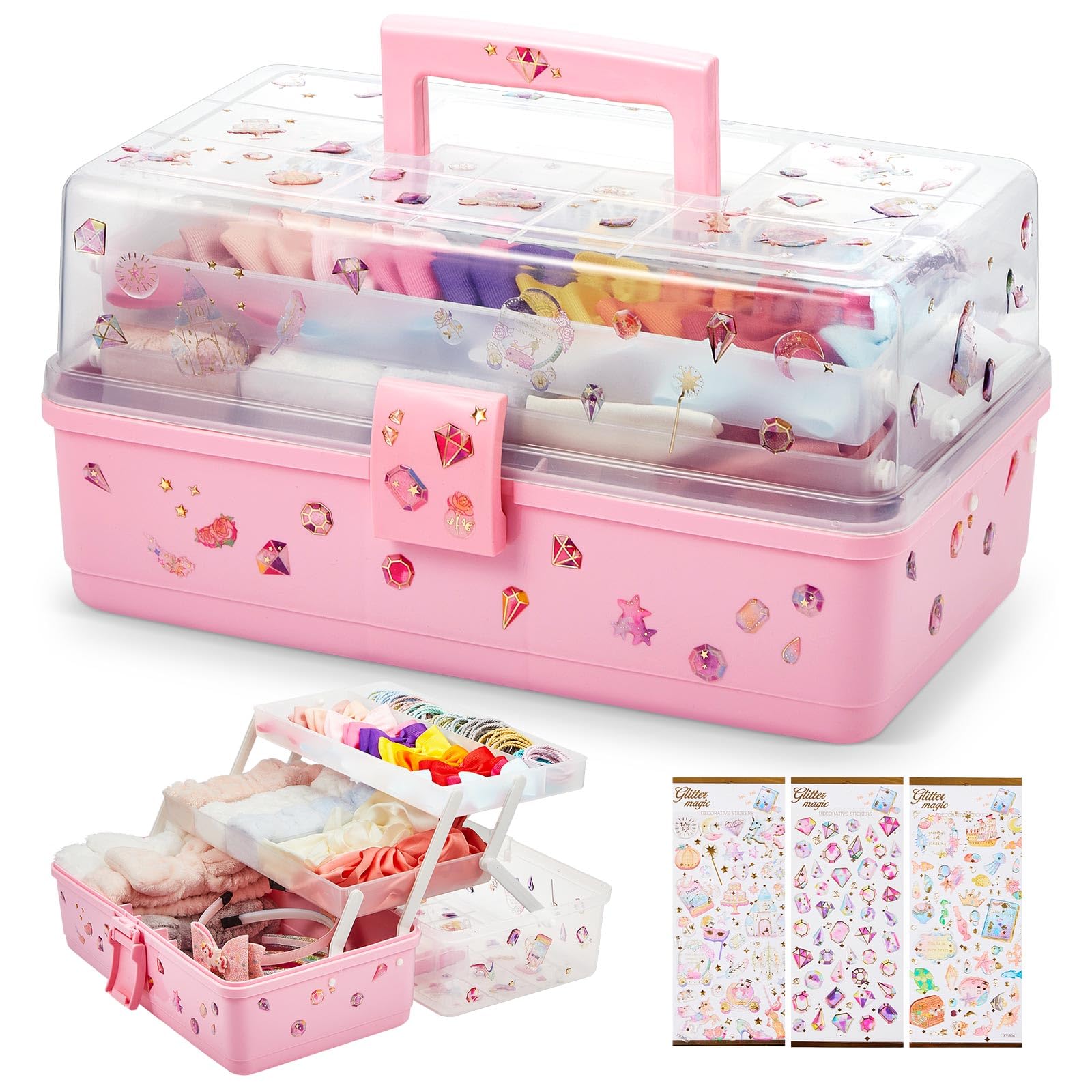 Rtteri Hair Accessories Organizer 13 Inch Hair Accessories Storage Box with Fold Tray and Handle 3 Layers Plastic Tool Box Hair Accessories Organizer Box for Art Sewing Nail with Stickers (Pink)