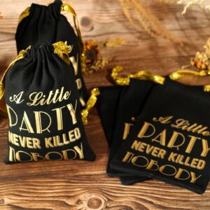 SHERWAY Gold Foil Wedding Bachelorette Party Favor Bags for Hangover Kits, Bridal Shower Wedding Party Cotton Drawstring Bags for Bridesmaid Gifts (10pcs, Black, 5 x 7 Inch)