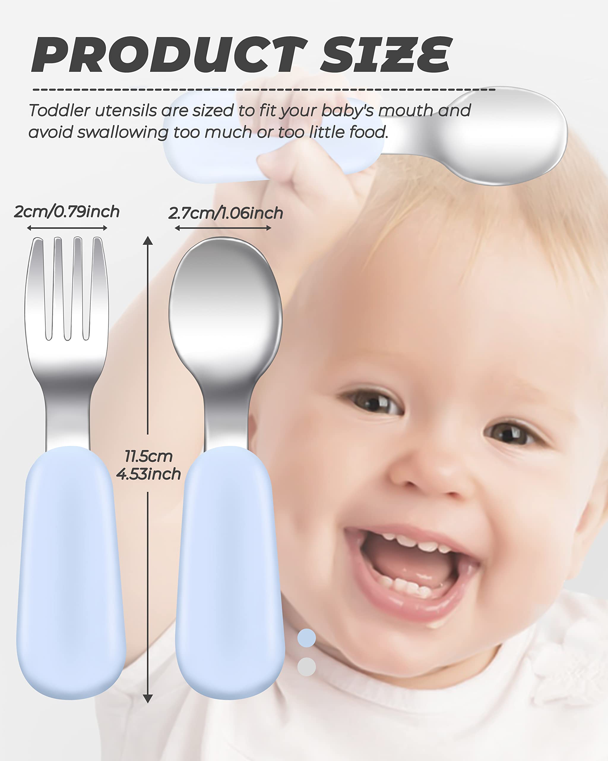 4 pcs Toddler Utensils, Stainless Steel Toddler Silverware Set with Round Handle, Baby Forks for Self Feeding, 2 Toddler Forks and 2 Toddler Spoons, BPA Free