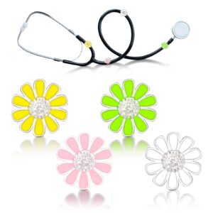 woanger 4 pcs sunflower bling stethoscope charms flower stethoscope tag stethoscope accessories gift for doctor nurse nursing students, pink, white, yellow and green