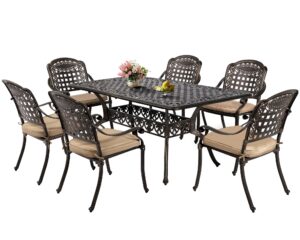 titimo 7 piece cast aluminum patio dining set, outdoor dining furniture patio table and chairs set with 6 outdoor stackable chairs & 1 rectangle dining table for backyard garden deck