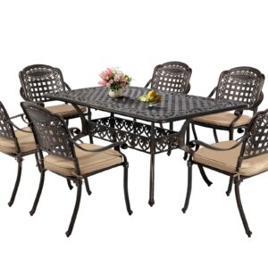 TITIMO 7 Piece Cast Aluminum Patio Dining Set, Outdoor Dining Furniture Patio Table and Chairs Set with 6 Outdoor Stackable Chairs & 1 Rectangle Dining Table for Backyard Garden Deck