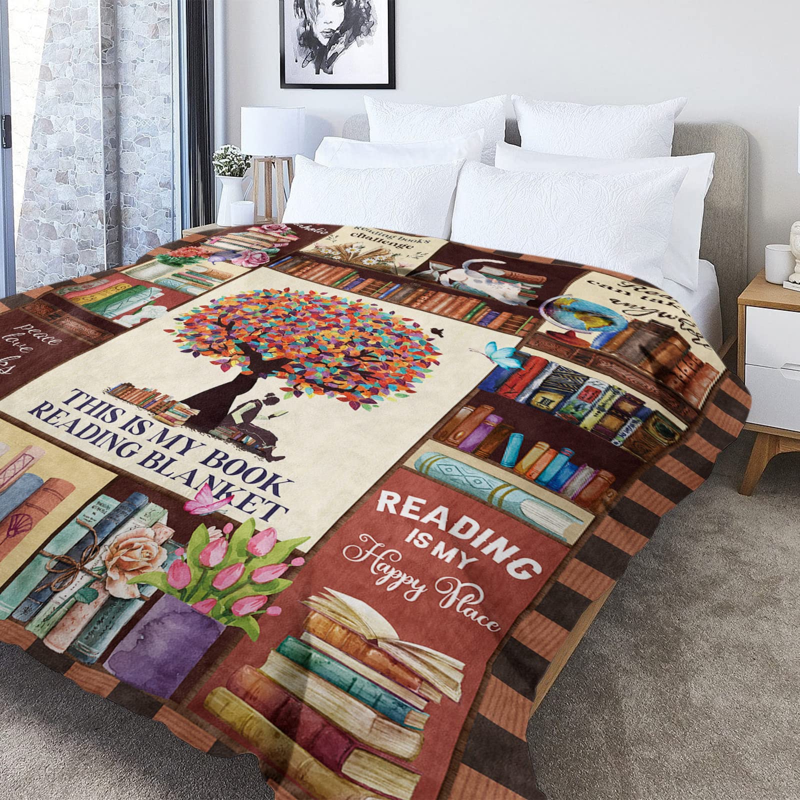 Reading Blanket for Book Lovers Gifts Blankets for Kids Librarian Gifts Throw Blanket Book Club Bookworm Gift Soft Plush Lightweight Flannel Fleece Blanket All Season for Couch Sofa, 40'' x 50''