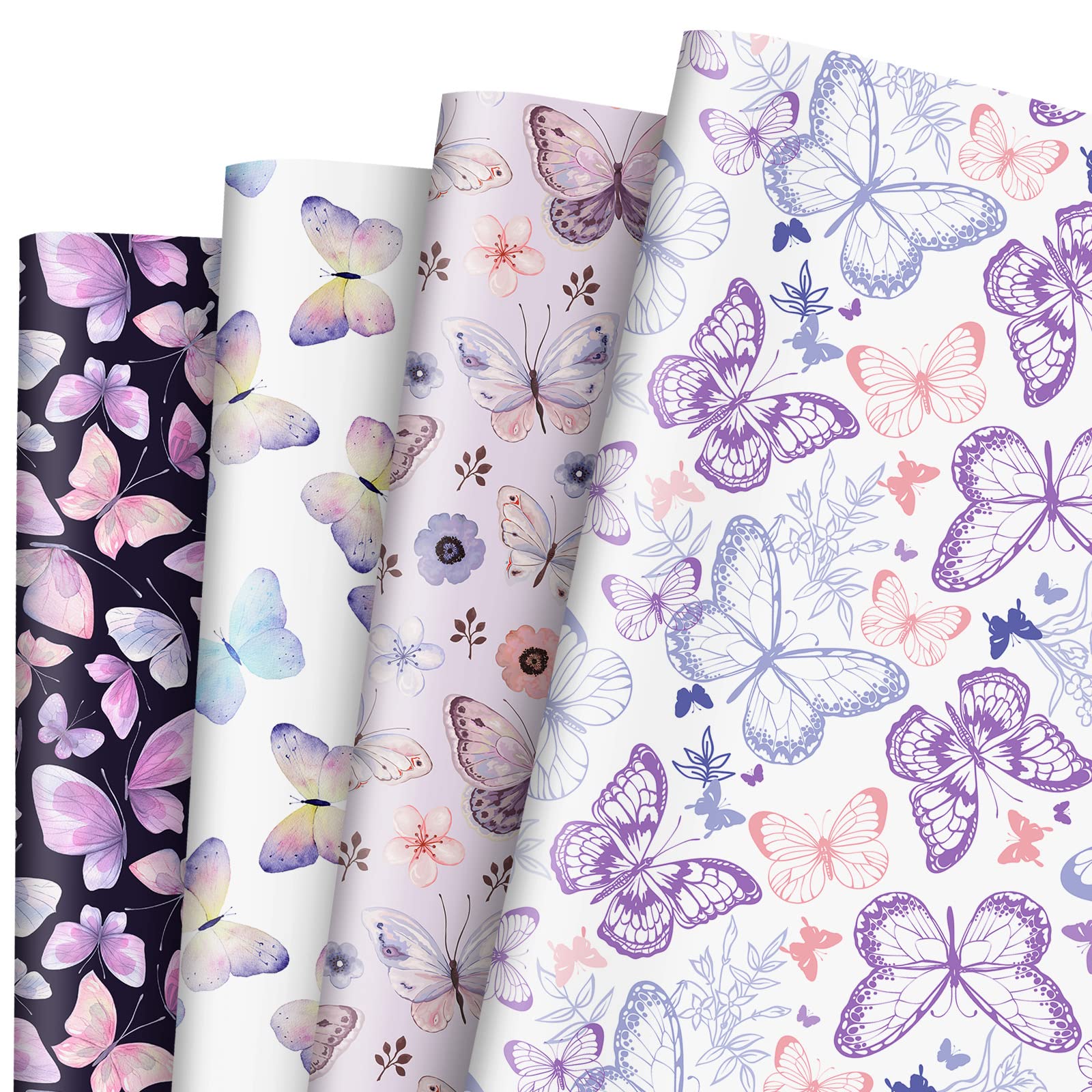 AnyDesign 12 Sheet Butterfly Wrapping Paper Purple Pink Butterfly Gift Wrap Paper Bulk Spring Art Paper for Wedding Baby Shower Birthday DIY Crafts Gift Packing,19.7 x 27.6 Inch, Folded Flat, 4 Design