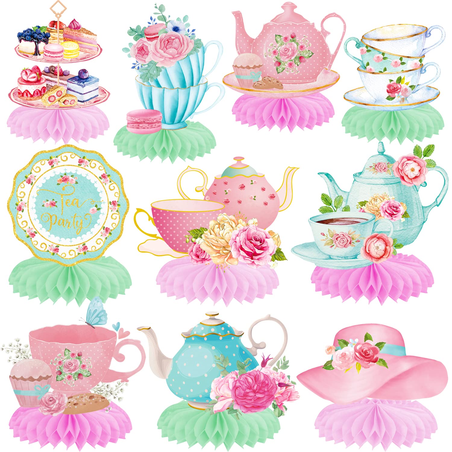 Tea Party Honeycomb Centerpieces Princess Tea Party Decorations Teapot Table Decorations 11Pcs Flroal Tea Birthday Party Table Centerpieces for Baby Shower Party Mother's Day Tea Party Supplies