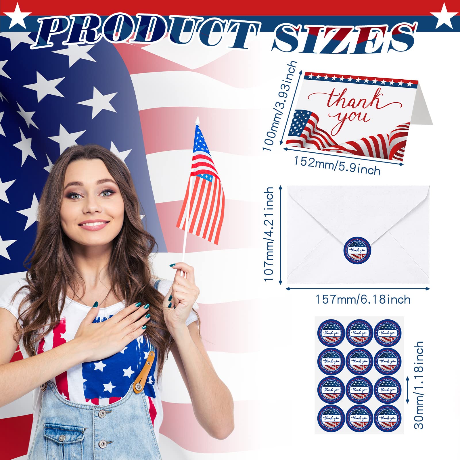 Harloon 600 Pcs Patriotic Thank You Cards with Envelopes 200 American Flag Notecards 200 Envelopes 200 Stickers for Military Veterans Memorial Day Party Favor 4 x 6 Inch