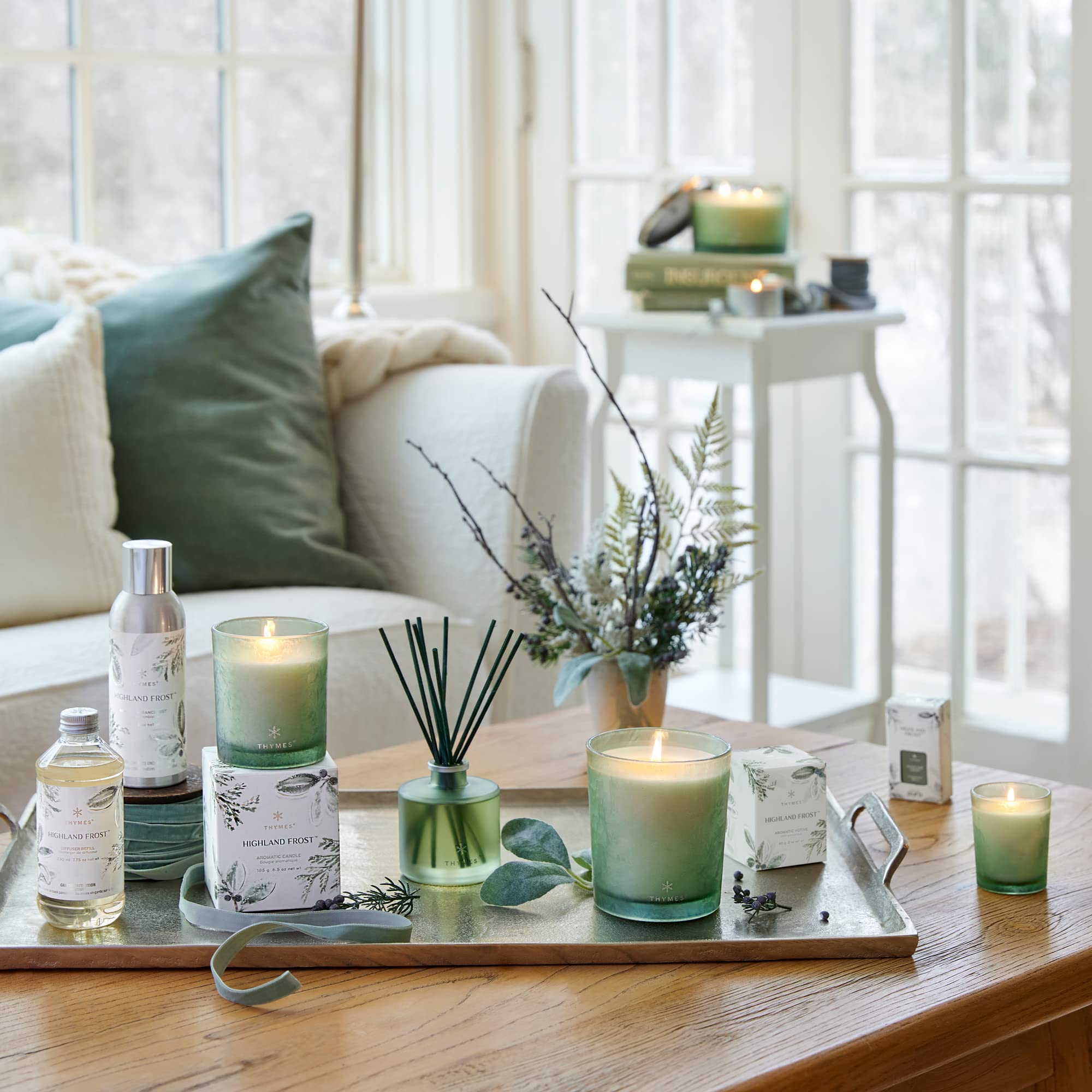 Thymes Highland Frost Boxed Votive Candle - Scented Candle with Crisp Notes of Sage, Eucalyptus, and Cypress Needles - Luxury Home Fragrance - Sage-Green Candle (2 oz)