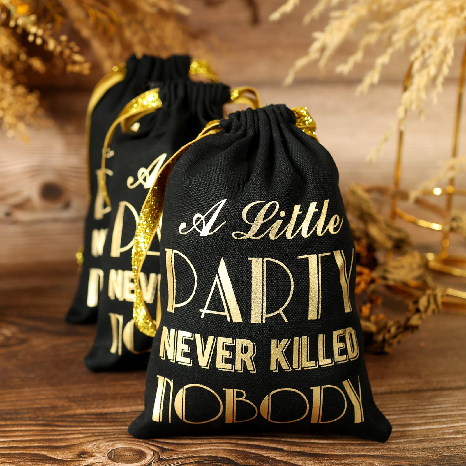 SHERWAY Gold Foil Wedding Bachelorette Party Favor Bags for Hangover Kits, Bridal Shower Wedding Party Cotton Drawstring Bags for Bridesmaid Gifts (10pcs, Black, 5 x 7 Inch)