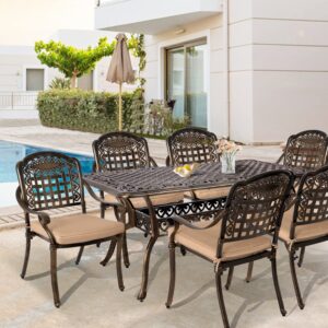 TITIMO 7 Piece Cast Aluminum Patio Dining Set, Outdoor Dining Furniture Patio Table and Chairs Set with 6 Outdoor Stackable Chairs & 1 Rectangle Dining Table for Backyard Garden Deck