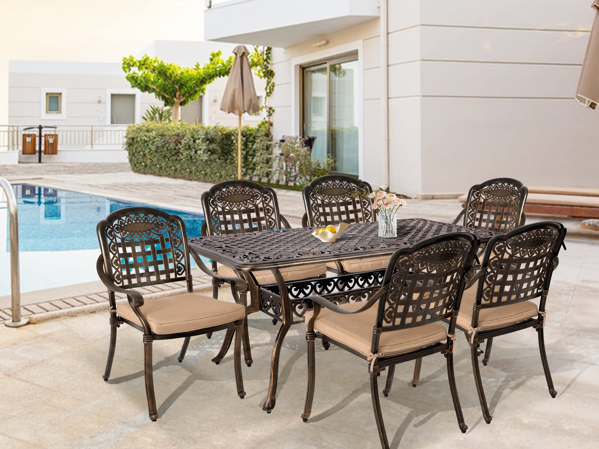 TITIMO 7 Piece Cast Aluminum Patio Dining Set, Outdoor Dining Furniture Patio Table and Chairs Set with 6 Outdoor Stackable Chairs & 1 Rectangle Dining Table for Backyard Garden Deck