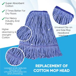 20oz Heavy Duty Cleaning Mop Head Replacement - 4 Pack - Commercial Replacement, Wet Industrial Blue Cotton Looped End String Head Refill