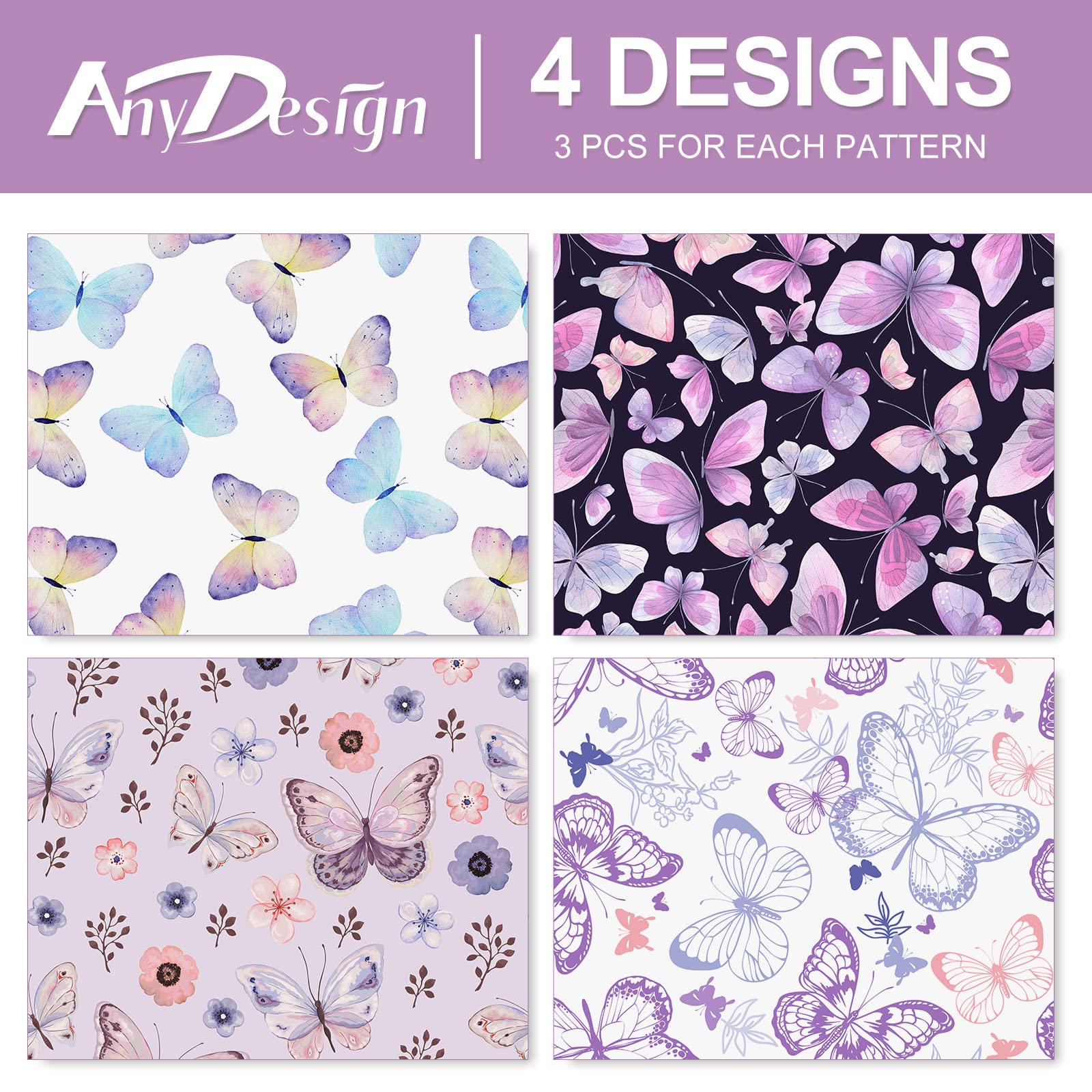 AnyDesign 12 Sheet Butterfly Wrapping Paper Purple Pink Butterfly Gift Wrap Paper Bulk Spring Art Paper for Wedding Baby Shower Birthday DIY Crafts Gift Packing,19.7 x 27.6 Inch, Folded Flat, 4 Design