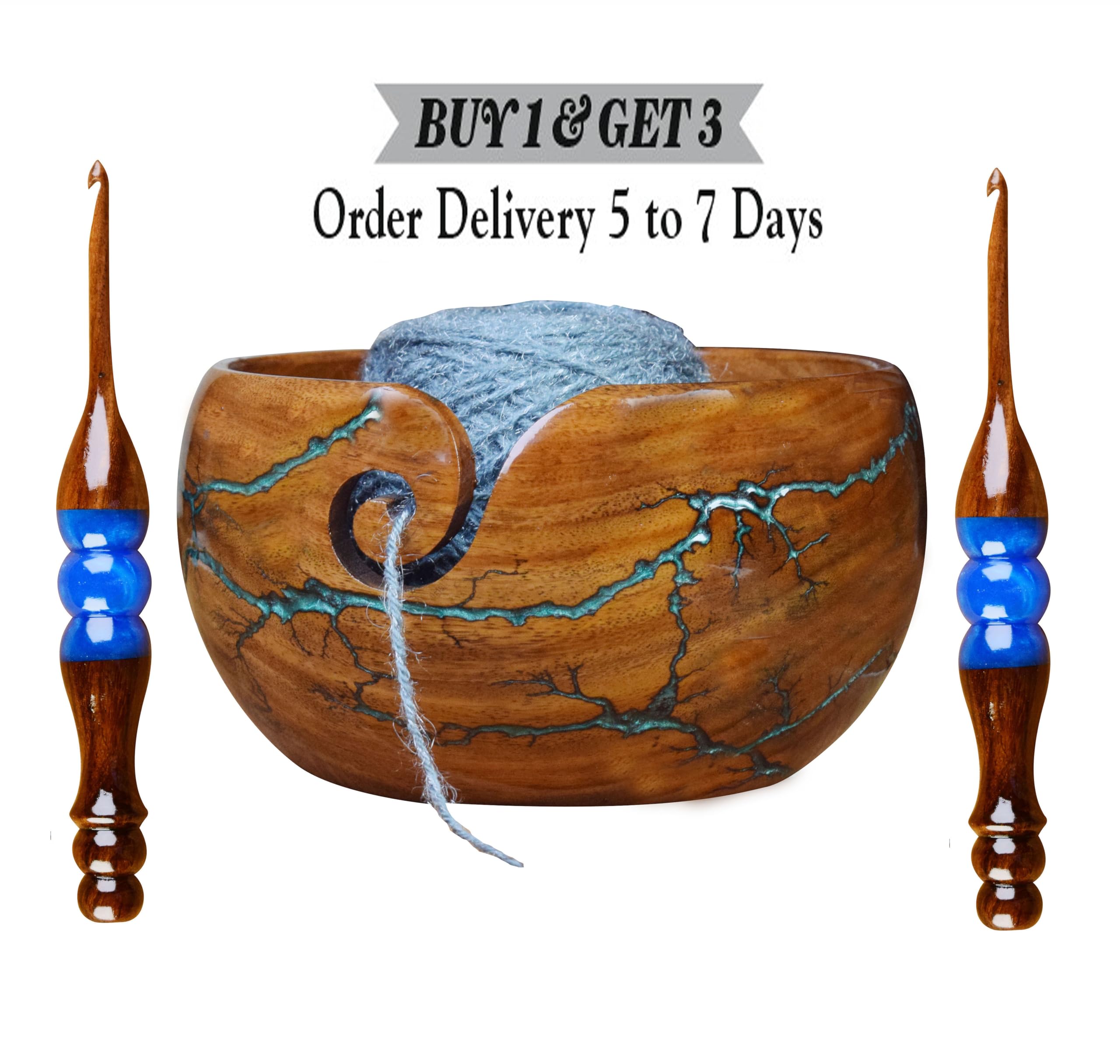 ASIF HANDICRAFTS 7x4 Inch Extra Large Handcrafted Wooden Yarn Bowl for Knitting and Crocheting: Fractal Burn Design Yarn Storage Bowl with Free Resin Crochet Hook