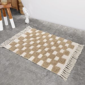 lahome checkered boho bath mats, neutral 2x3 bathroom rug machine washable tufted throw rugs with tassels, fluffy farmhouse area rug non-shedding cotton carpet for bedroom dorm, khaki