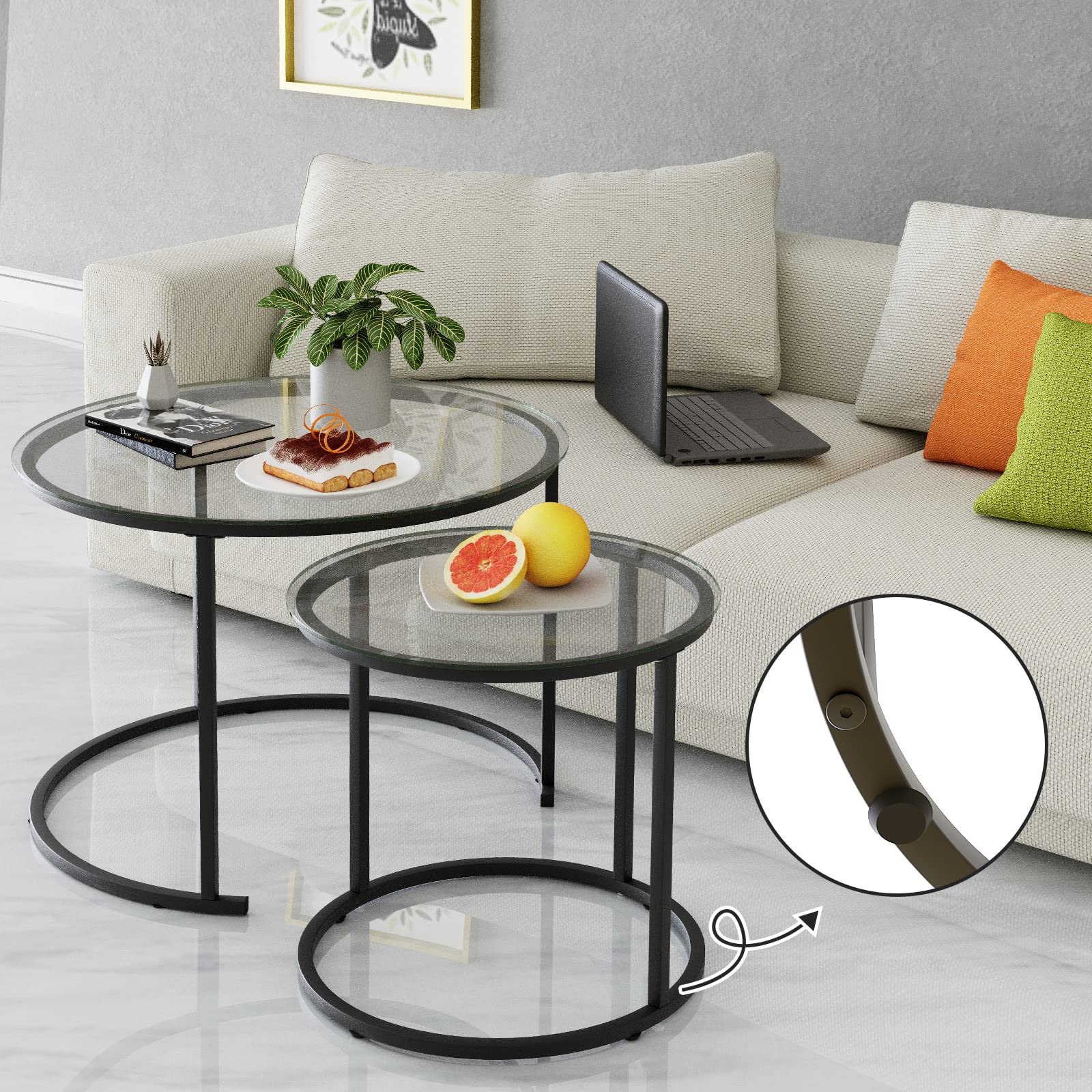 Azheruol Nesting Coffee Table Set of 2,Modern Black Tempered Glass Side Table, Metal Frame Round End Table.Small Glass Tea Table for Living Room,Bedroom Studio Apartment Essentials，17.7IN