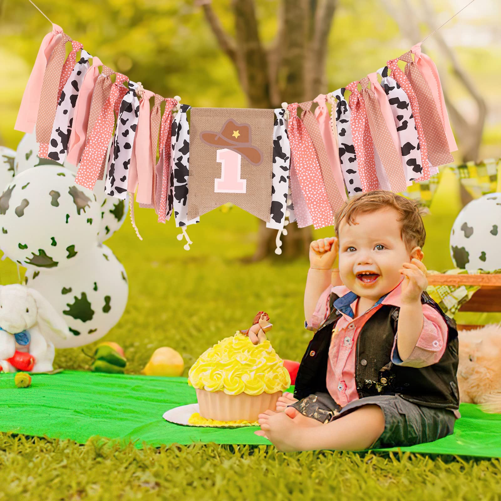 1st Birthday High Chair Banner - Cow Girl Rodeo for Party Fabric Decor,Cake Smash Baby Shower,Backdrop Garland for photo props