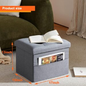 ALASDO Ottoman Storage Ottoman Footrest with Side Pocket Folding Ottoman with Srorage Small Ottoman for Living Room Study Bedroom Grey L17W13H13inches