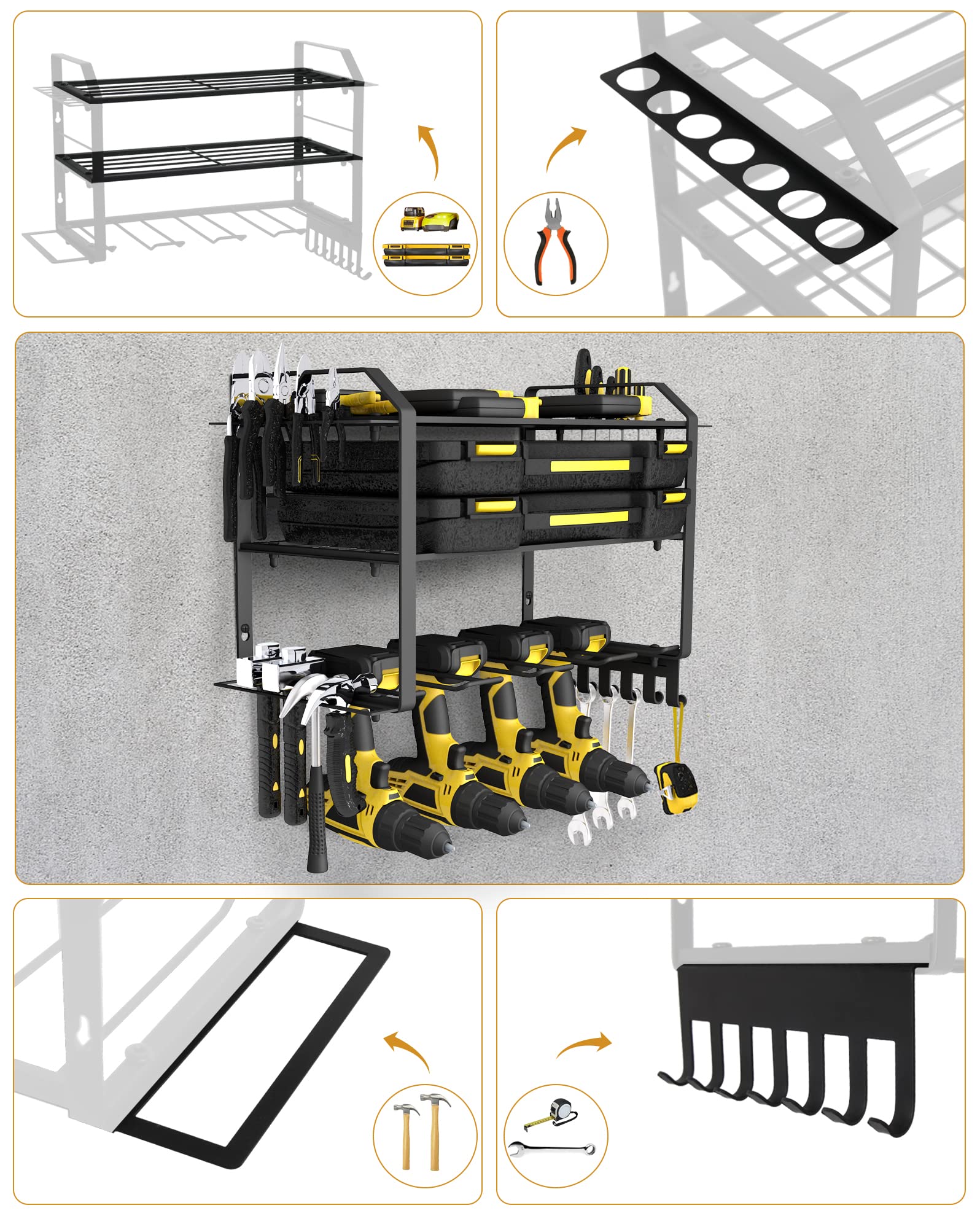 Affogato Power Tool Organizer, 3 Layers Drill Holder Wall Mount, Power Tool Organizer Wall Mount, Power Tool Holder Garage Tool Rack with 4 Side Tool Rack