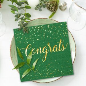 Whaline 80 Pack Graduation Paper Napkins 5 x 5 Inch Gold Foil Congrats Cocktail Napkins Green Graduation Party Disposable Beverage Napkins for Engagement Graduation Baby Shower Celebration Party