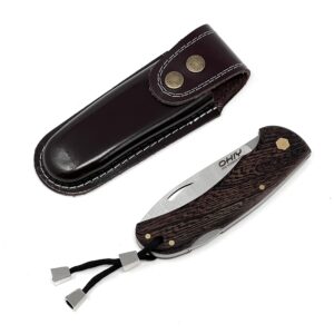 OHIY Handmade Folding Pocket Knife with 3.6" Lockback 4116 German Steel Blade and Sheath, Wenge Handle, 5" Folded