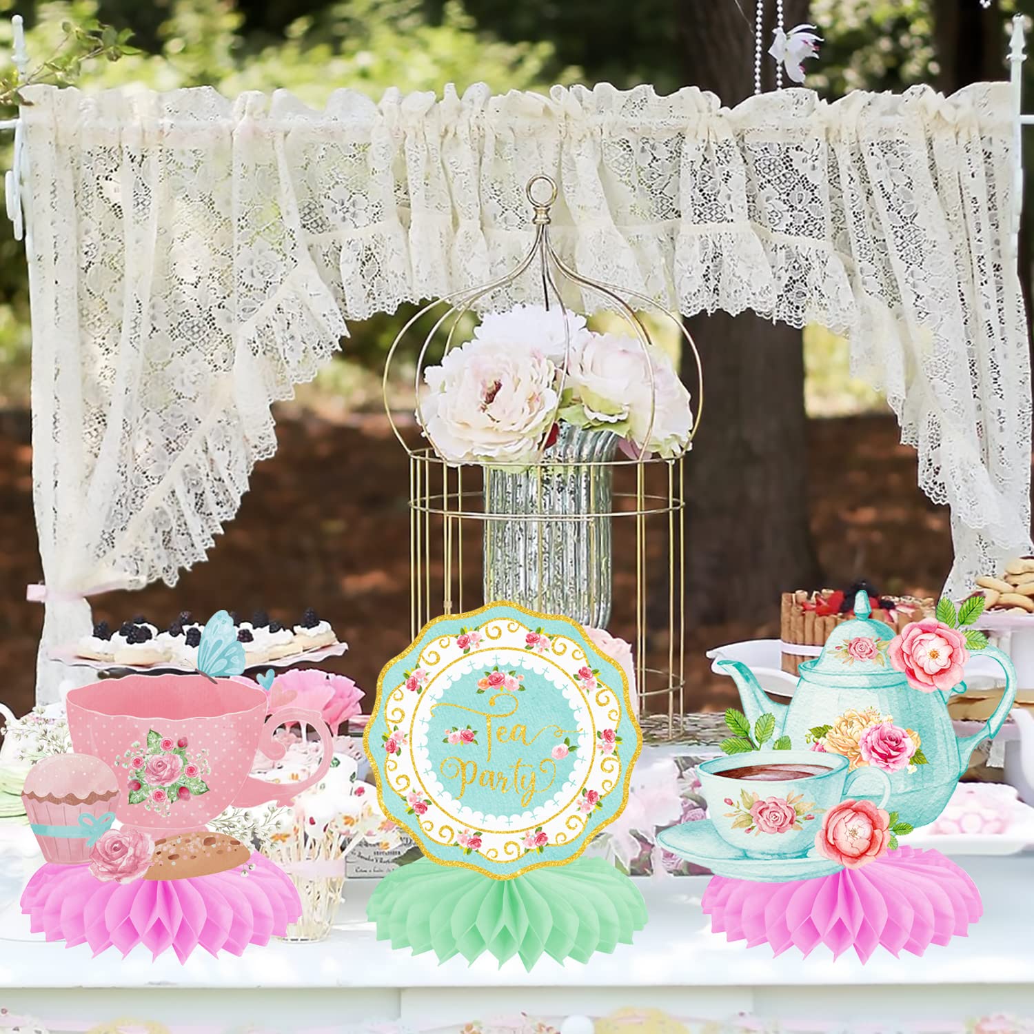 Tea Party Honeycomb Centerpieces Princess Tea Party Decorations Teapot Table Decorations 11Pcs Flroal Tea Birthday Party Table Centerpieces for Baby Shower Party Mother's Day Tea Party Supplies