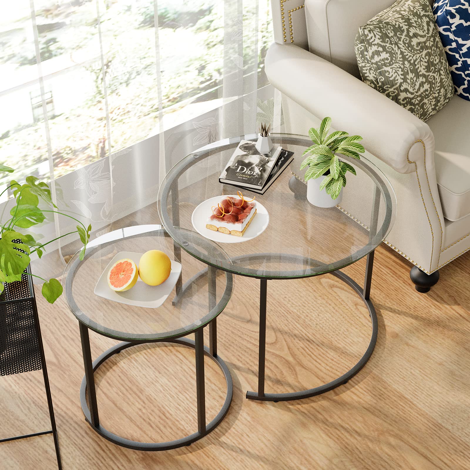 Azheruol Nesting Coffee Table Set of 2,Modern Black Tempered Glass Side Table, Metal Frame Round End Table.Small Glass Tea Table for Living Room,Bedroom Studio Apartment Essentials，17.7IN