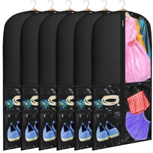 woanger 6 pcs garment bags for dance costumes 20'' x 40'' clear pvc with zippers garment bag with pockets dance costume organizer costume carrier for storage garment covers for adults kids (black)