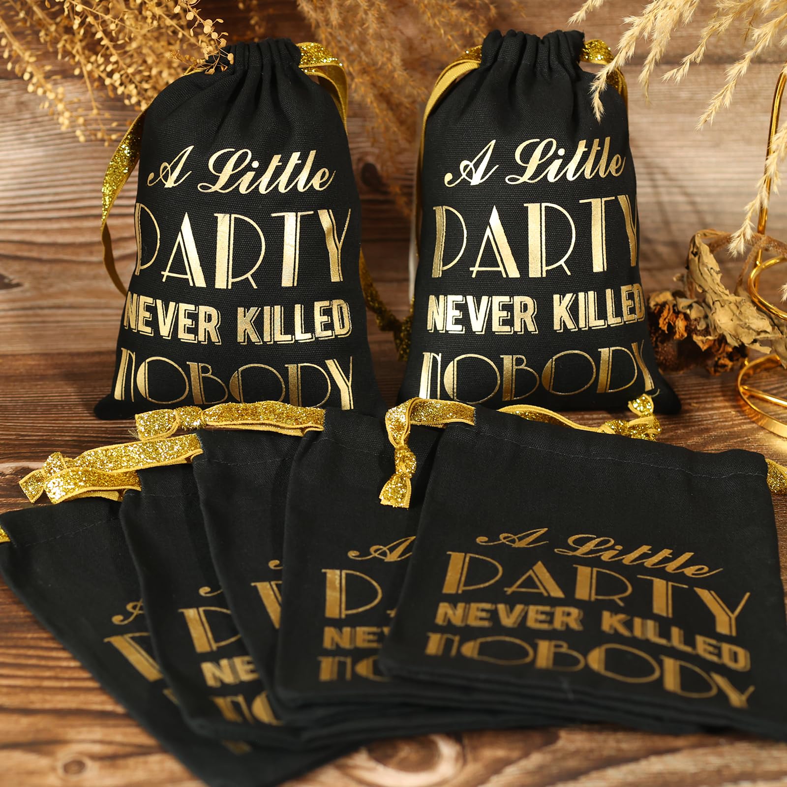 SHERWAY Gold Foil Wedding Bachelorette Party Favor Bags for Hangover Kits, Bridal Shower Wedding Party Cotton Drawstring Bags for Bridesmaid Gifts (10pcs, Black, 5 x 7 Inch)