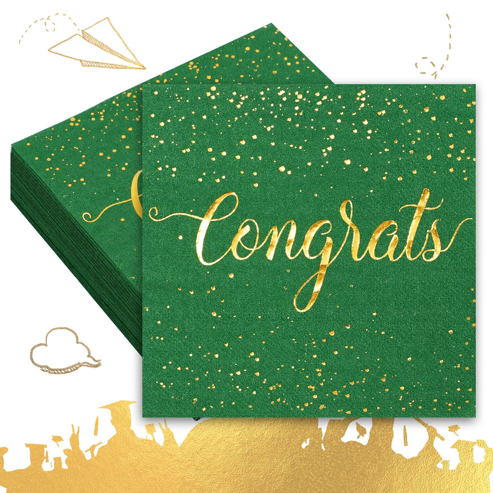 Whaline 80 Pack Graduation Paper Napkins 5 x 5 Inch Gold Foil Congrats Cocktail Napkins Green Graduation Party Disposable Beverage Napkins for Engagement Graduation Baby Shower Celebration Party