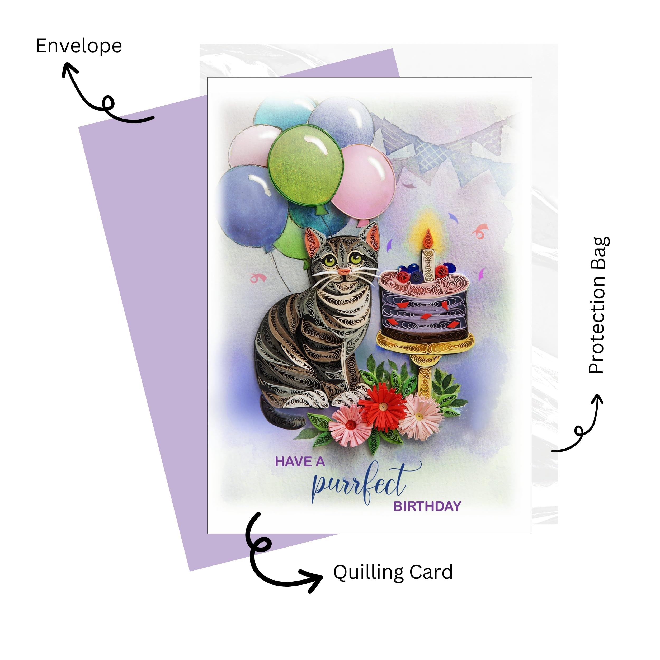 TUMYBee - Have a Purrfect Birthday Cat Card, 5in x 7in, Blank Inside, Envelope Included