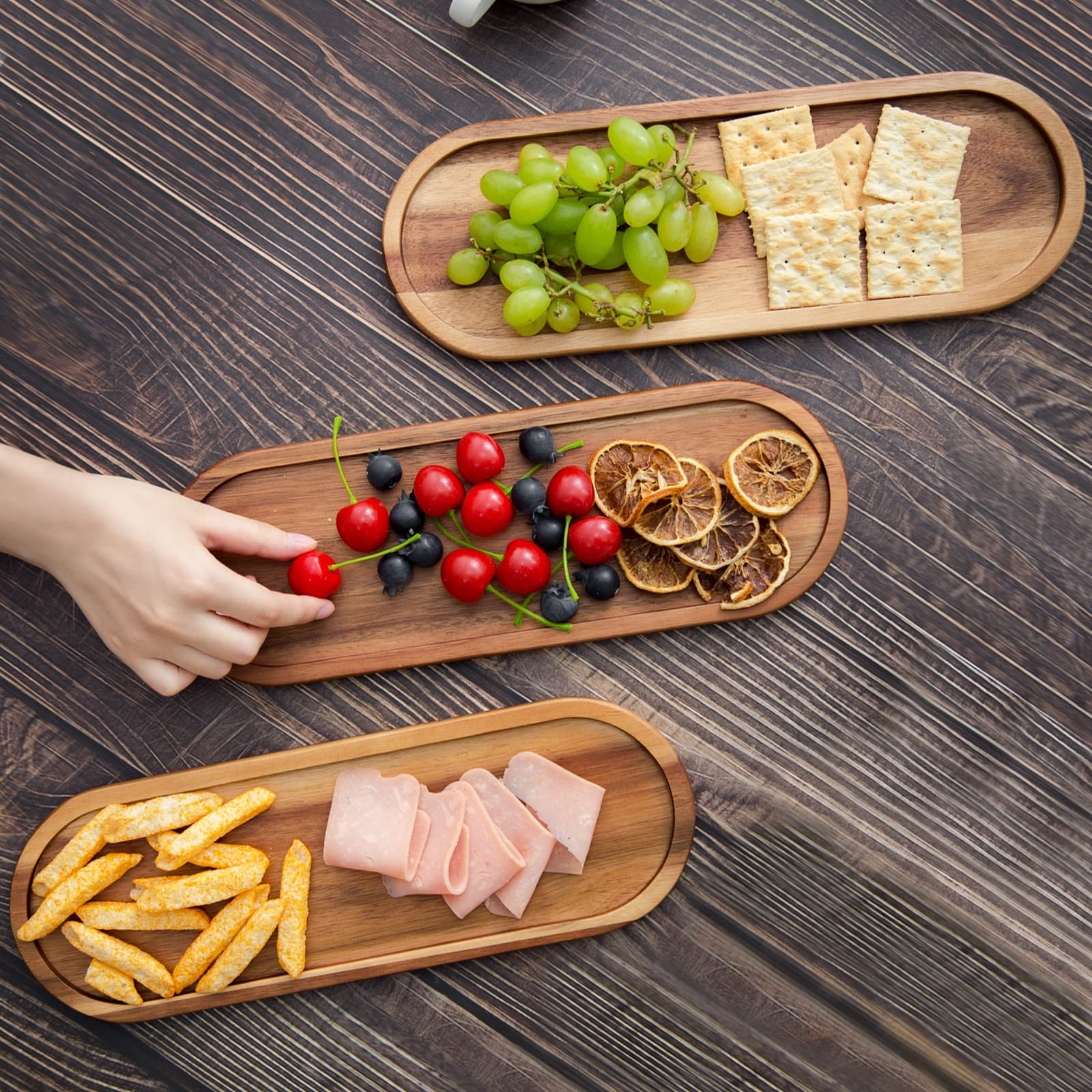 Set of 3 Plates Bathroom Vanity Wood Trays for Home Decor - for Counter Wood Small Decorative Tray, Kitchen Soap Tray,Comestic Holder Bathtub Organizer (14 x 4.7 inches