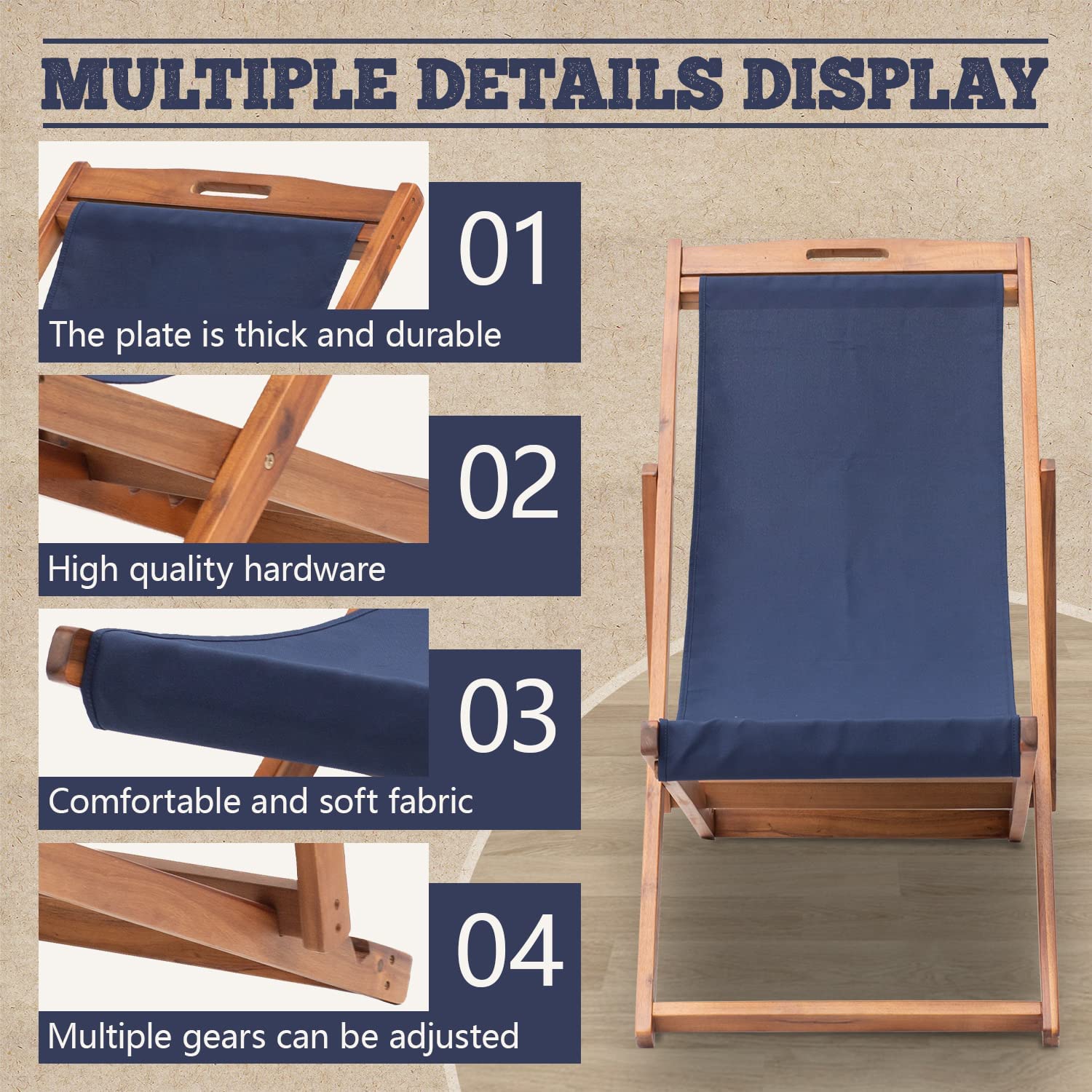 Yewuli Patio Lounge Chair Outdoor Beach Sling Chair Set of 2, Wooden Reclining Patio Chairs Foldable Beach Chairs with Polyester Canvas &Solid Wood Frame Patio Furniture, Blue