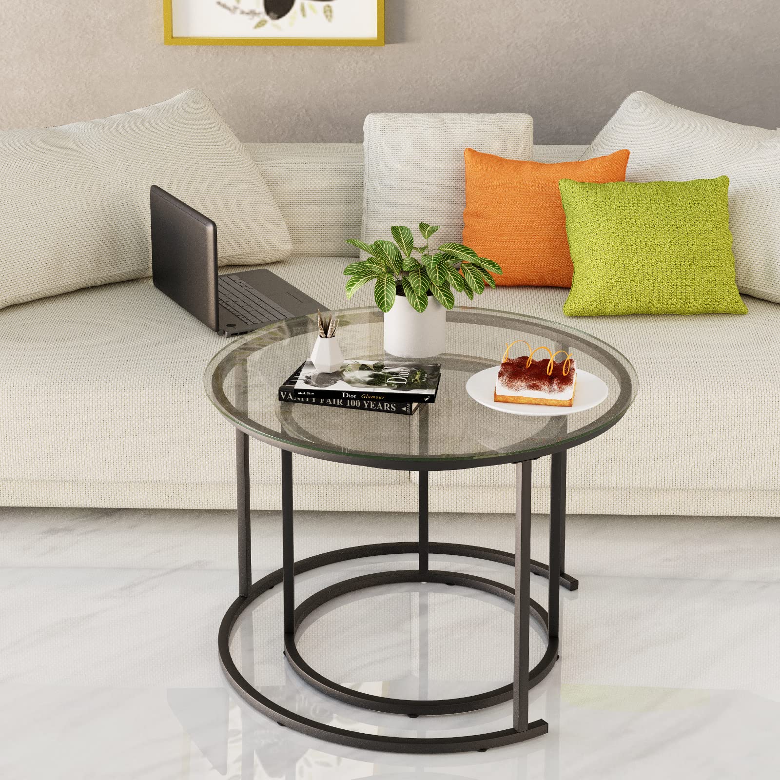 Azheruol Nesting Coffee Table Set of 2,Modern Black Tempered Glass Side Table, Metal Frame Round End Table.Small Glass Tea Table for Living Room,Bedroom Studio Apartment Essentials，17.7IN