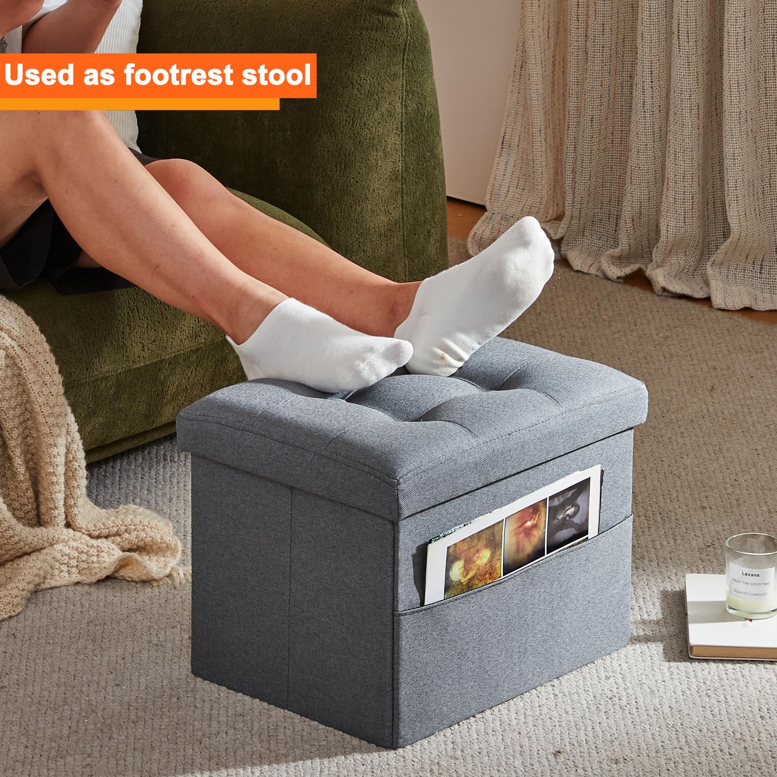 ALASDO Ottoman Storage Ottoman Footrest with Side Pocket Folding Ottoman with Srorage Small Ottoman for Living Room Study Bedroom Grey L17W13H13inches