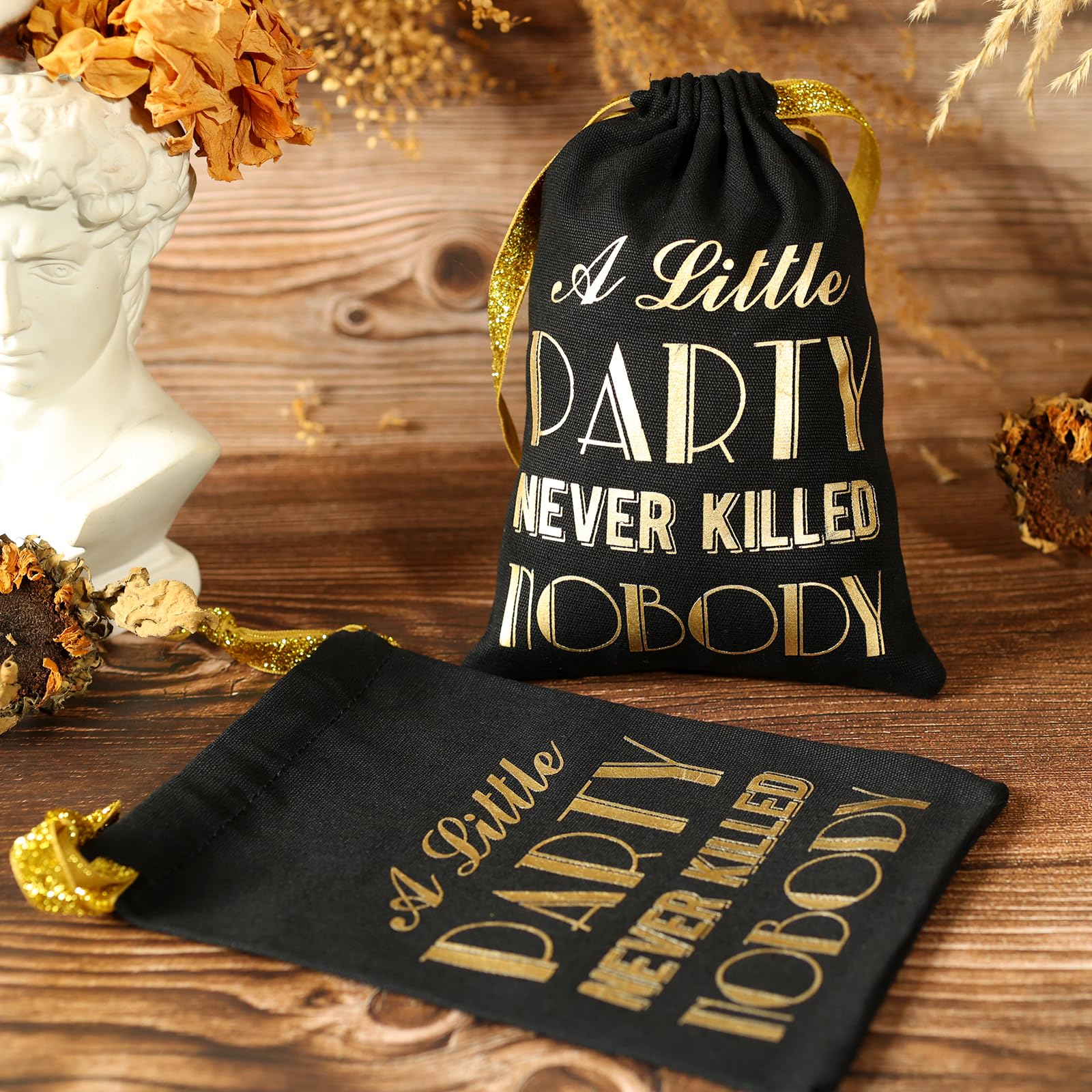 SHERWAY Gold Foil Wedding Bachelorette Party Favor Bags for Hangover Kits, Bridal Shower Wedding Party Cotton Drawstring Bags for Bridesmaid Gifts (10pcs, Black, 5 x 7 Inch)