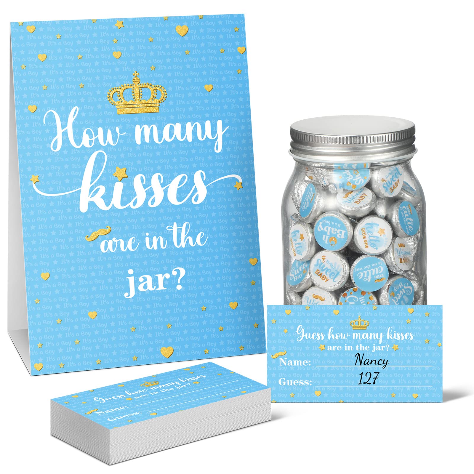 555 Pcs How Many Kisses Game Card Kit How Many Kisses Baby Shower Games Standing Sign Guessing Cards Baby Shower Stickers for Kid Baby Shower Sprinkle Birthday Party, No Candy and Jar (Blue Boy Style)