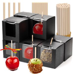 ZEAYEA 50 Pack Candy Apple Boxes with Hole and Sticks, 4" x 4" x 4" Caramel Apples Gift Box with Clear Window for Party, Wedding, Halloween, Thanksgiving, Carboard Treat Box for Candy Making