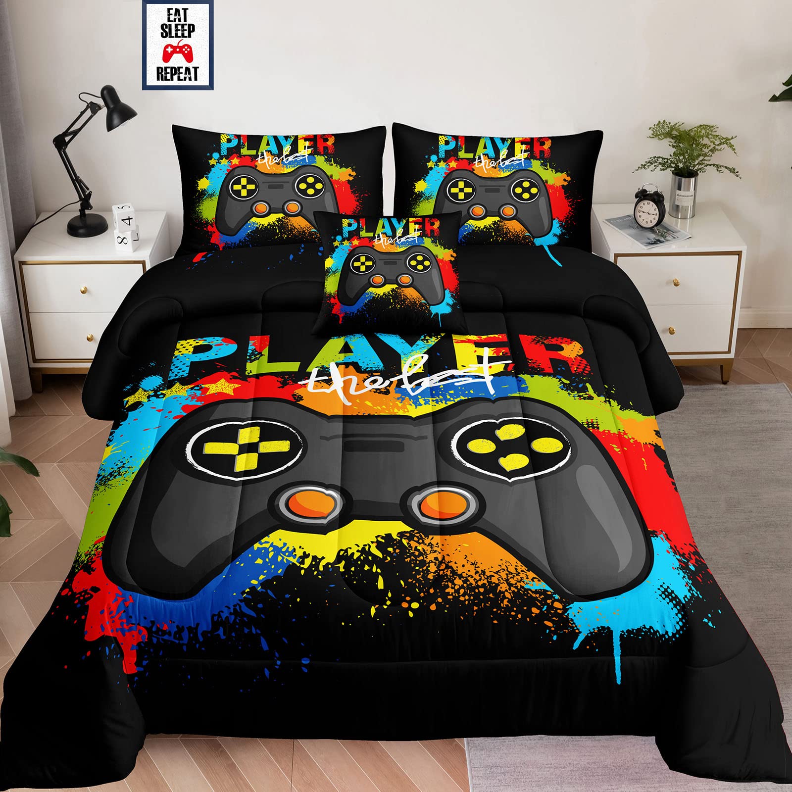 6 Pieces Bed in a Bag for Gaming Bedding Set,Boys Gamer Comforter Set with Flat Sheet,Fitted Sheet,Pillowcases,Cushion Cover,Game Console Pattern Bed Set for Kids Boys Room Decor