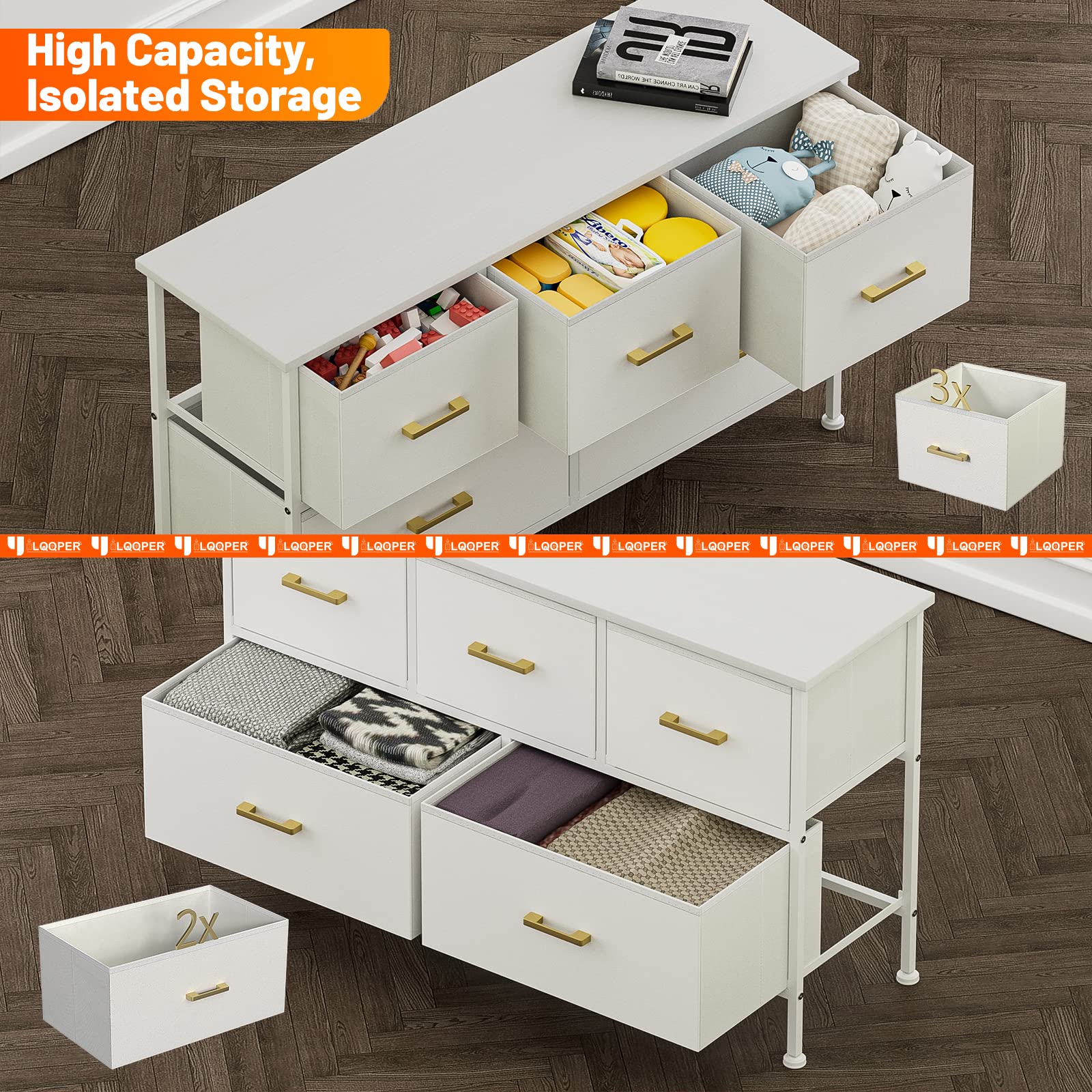 YILQQPER Dresser for Bedroom with 5 Drawers, White Dresser for Closet, Living Room, TV Stand, Nursery, Chest of Drawers with Sturdy Steel Frame, Leather Finish, Wood Top (Glacier White)