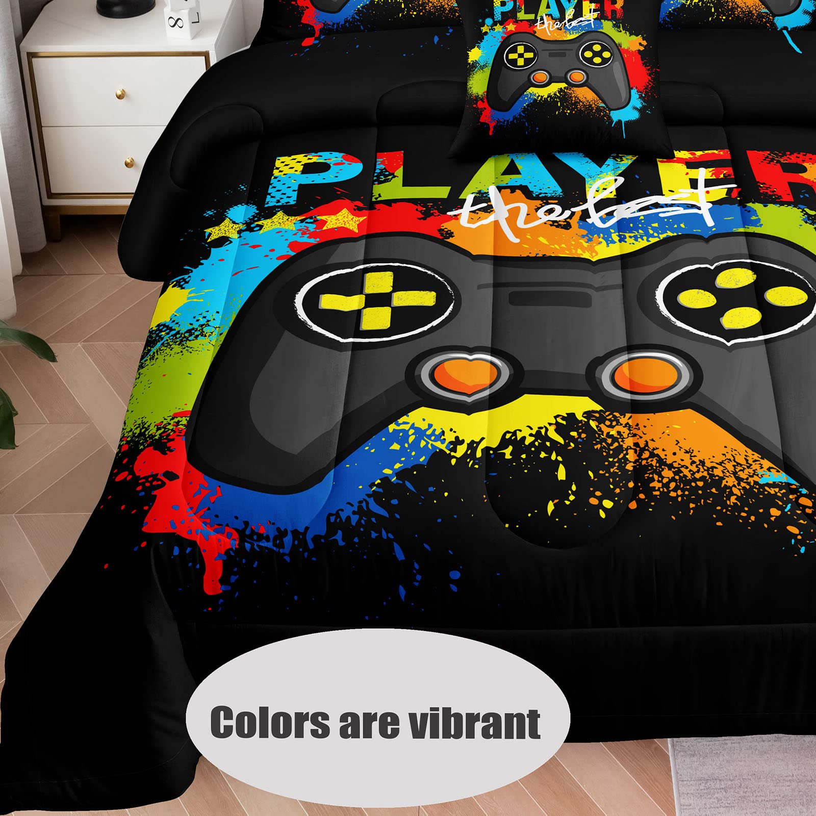 6 Pieces Bed in a Bag for Gaming Bedding Set,Boys Gamer Comforter Set with Flat Sheet,Fitted Sheet,Pillowcases,Cushion Cover,Game Console Pattern Bed Set for Kids Boys Room Decor