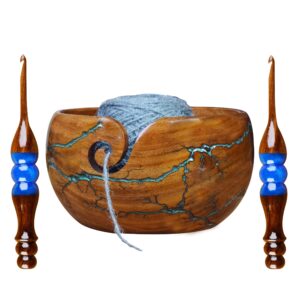 ASIF HANDICRAFTS 7x4 Inch Extra Large Handcrafted Wooden Yarn Bowl for Knitting and Crocheting: Fractal Burn Design Yarn Storage Bowl with Free Resin Crochet Hook