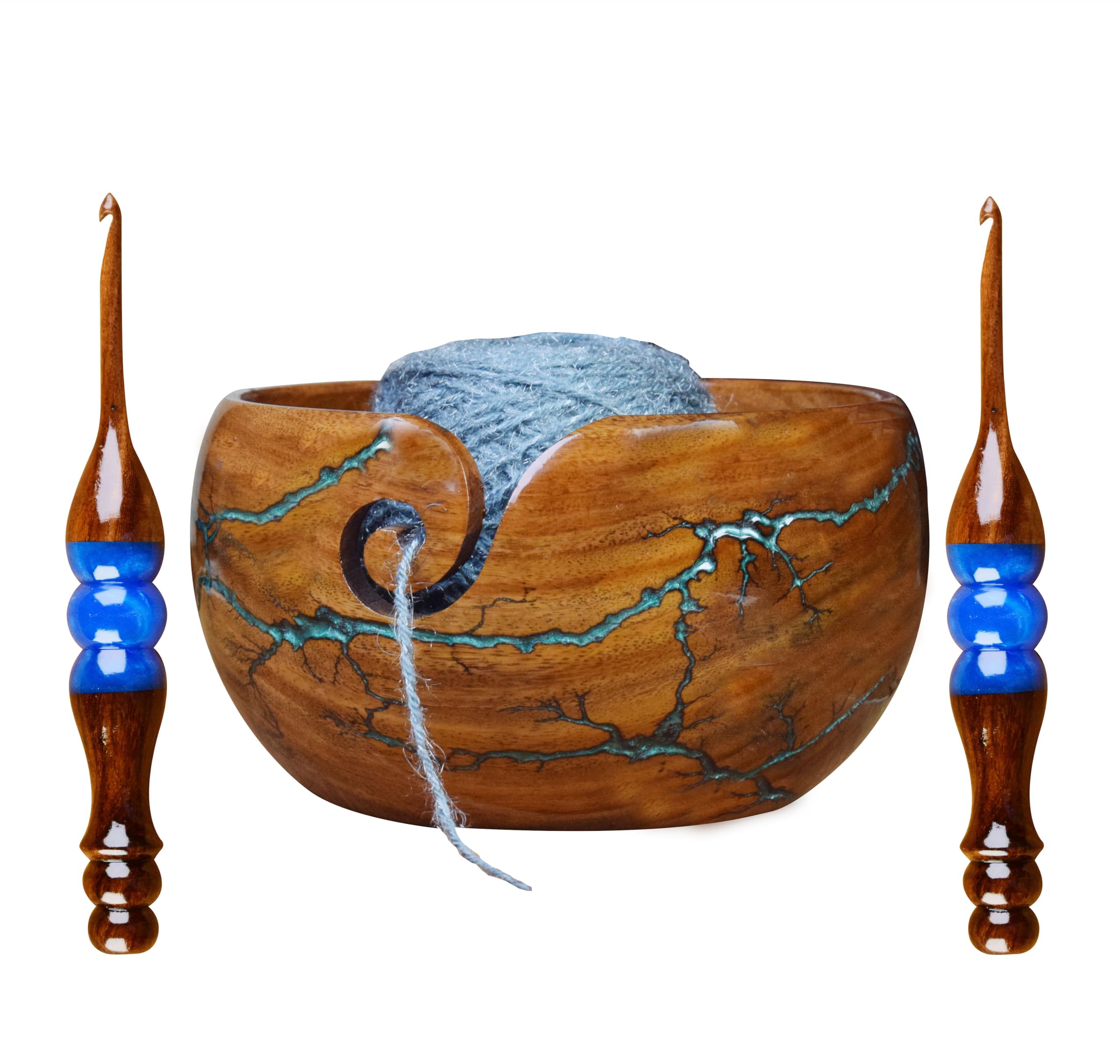 ASIF HANDICRAFTS 7x4 Inch Extra Large Handcrafted Wooden Yarn Bowl for Knitting and Crocheting: Fractal Burn Design Yarn Storage Bowl with Free Resin Crochet Hook