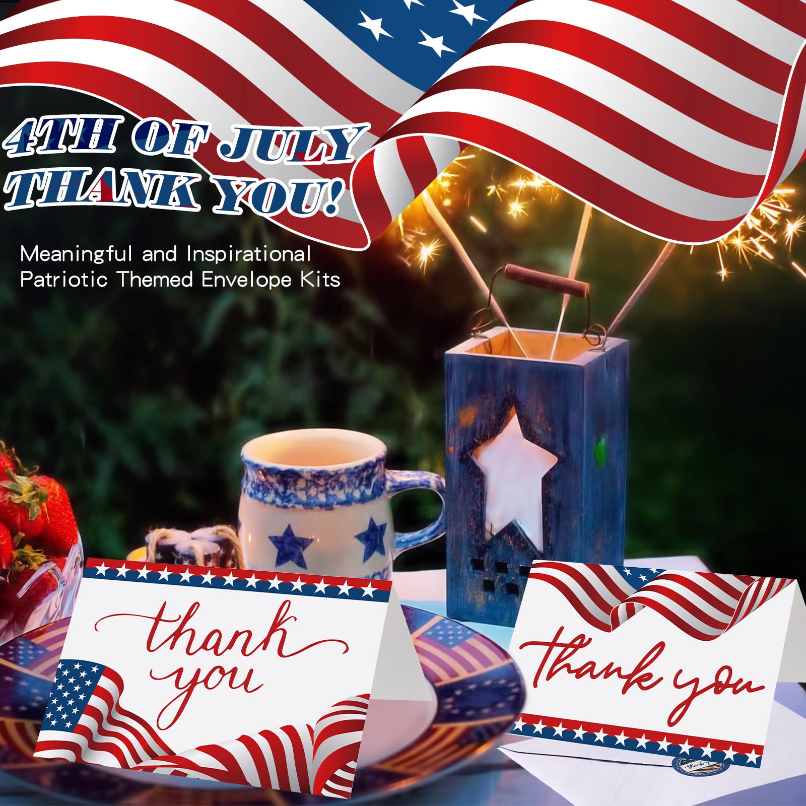 Harloon 600 Pcs Patriotic Thank You Cards with Envelopes 200 American Flag Notecards 200 Envelopes 200 Stickers for Military Veterans Memorial Day Party Favor 4 x 6 Inch