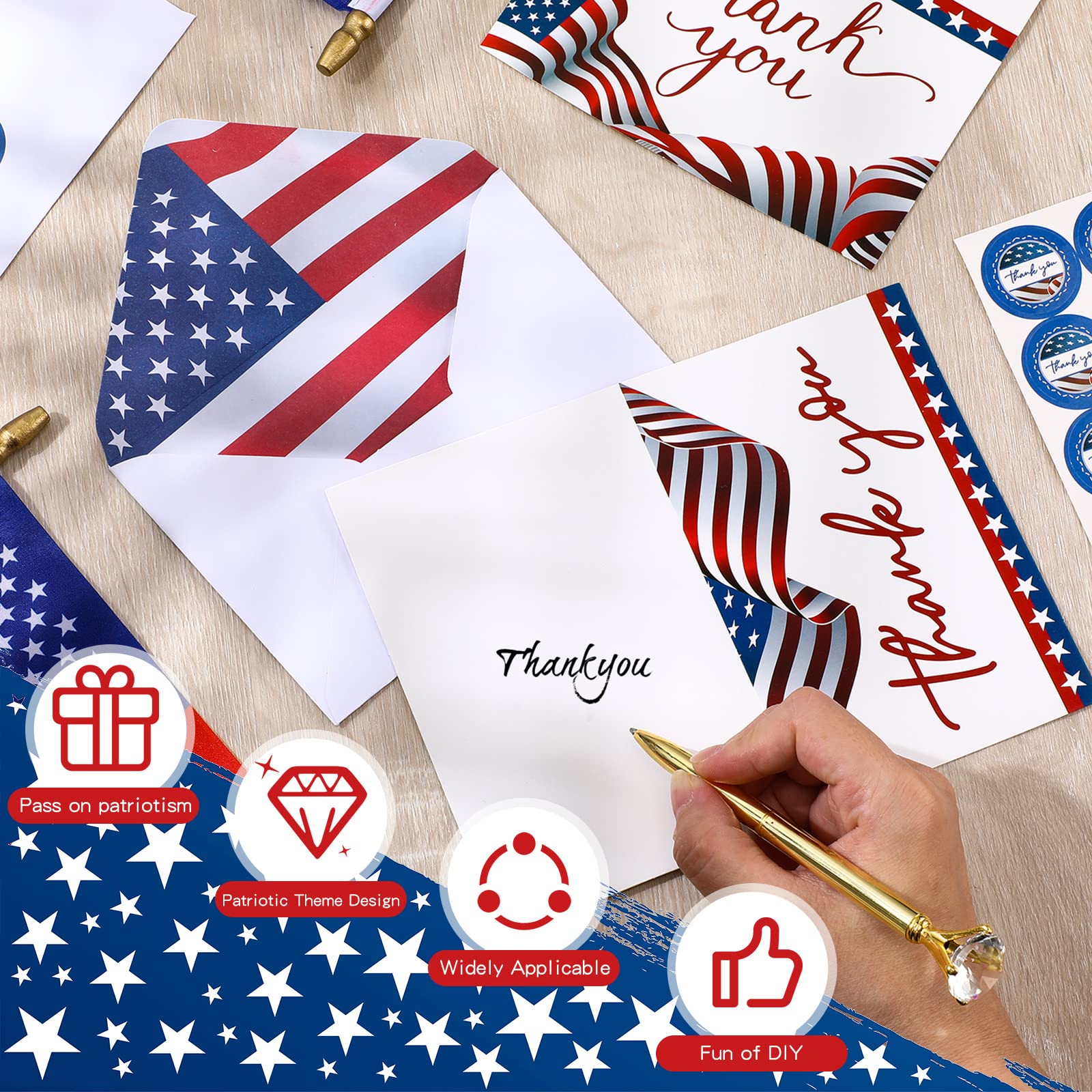 Harloon 600 Pcs Patriotic Thank You Cards with Envelopes 200 American Flag Notecards 200 Envelopes 200 Stickers for Military Veterans Memorial Day Party Favor 4 x 6 Inch