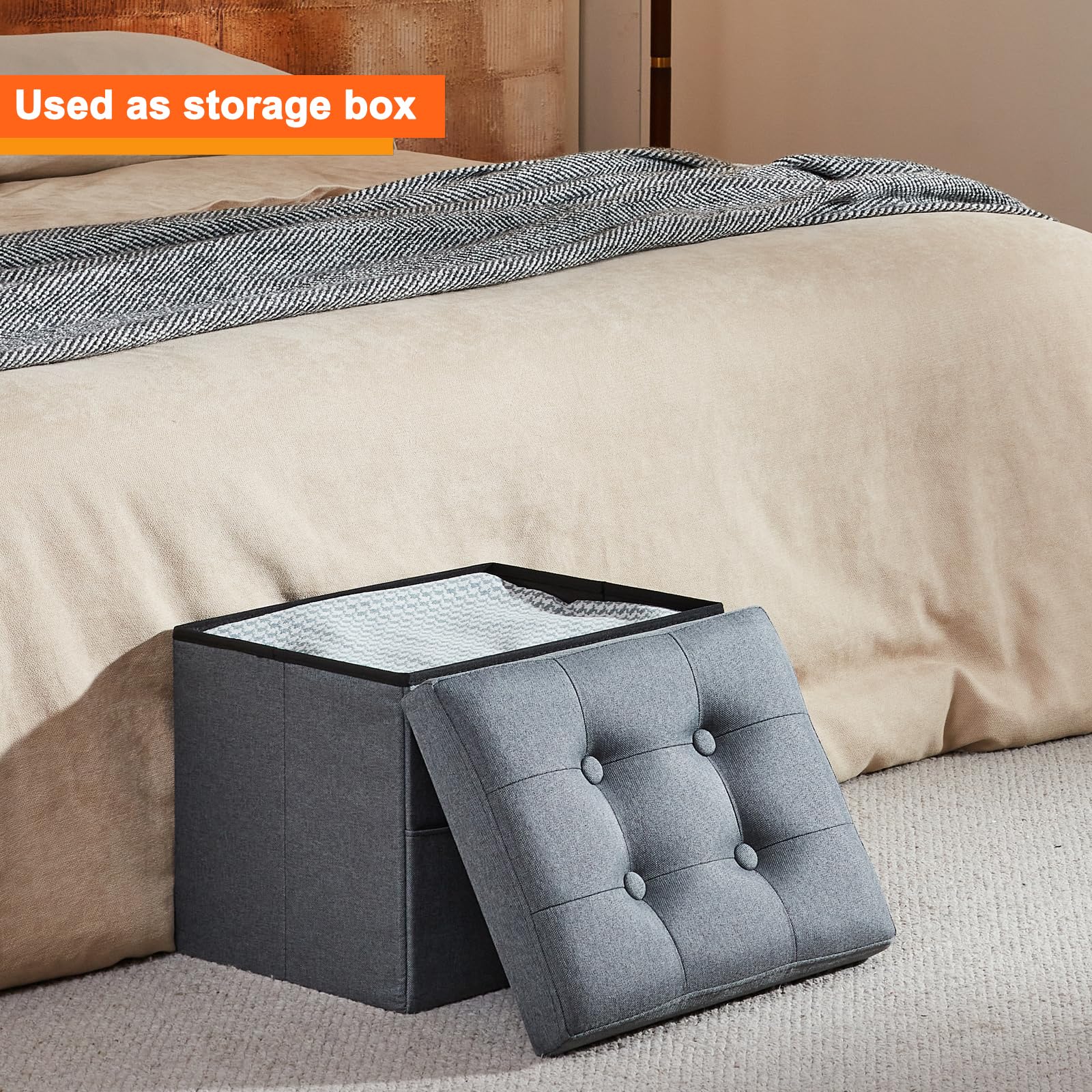 ALASDO Ottoman Storage Ottoman Footrest with Side Pocket Folding Ottoman with Srorage Small Ottoman for Living Room Study Bedroom Grey L17W13H13inches