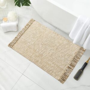 mitovilla boho bathroom small rug 2'x3', tan cream cotton woven throw rugs for living room, modern farmhouse washable kitchen rugs, area rugs floor mat with tassel for entryway, hallways