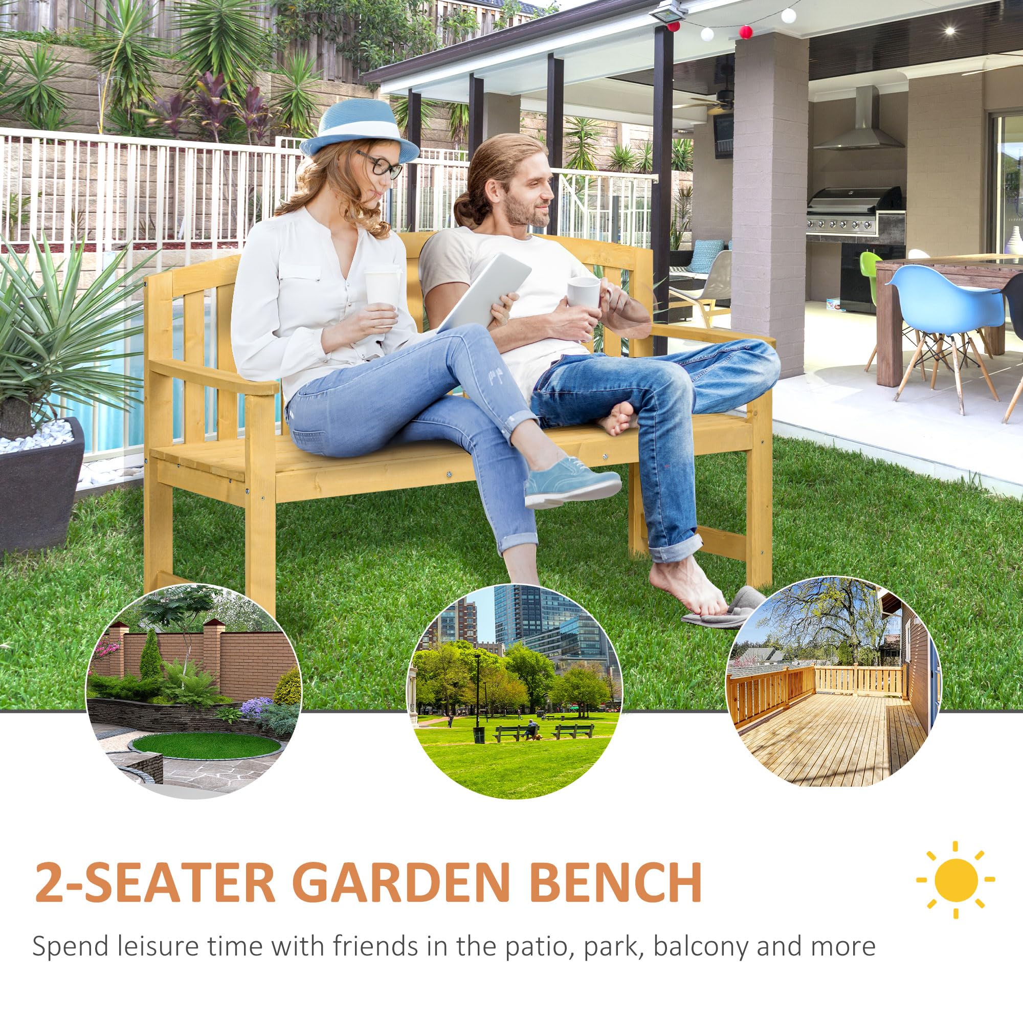 Outsunny 56" Outdoor Wood Bench, 2-Seater Garden Bench with Backrest and Armrest, Patio Bench for Patio, Porch, Poolside, Balcony, Natural