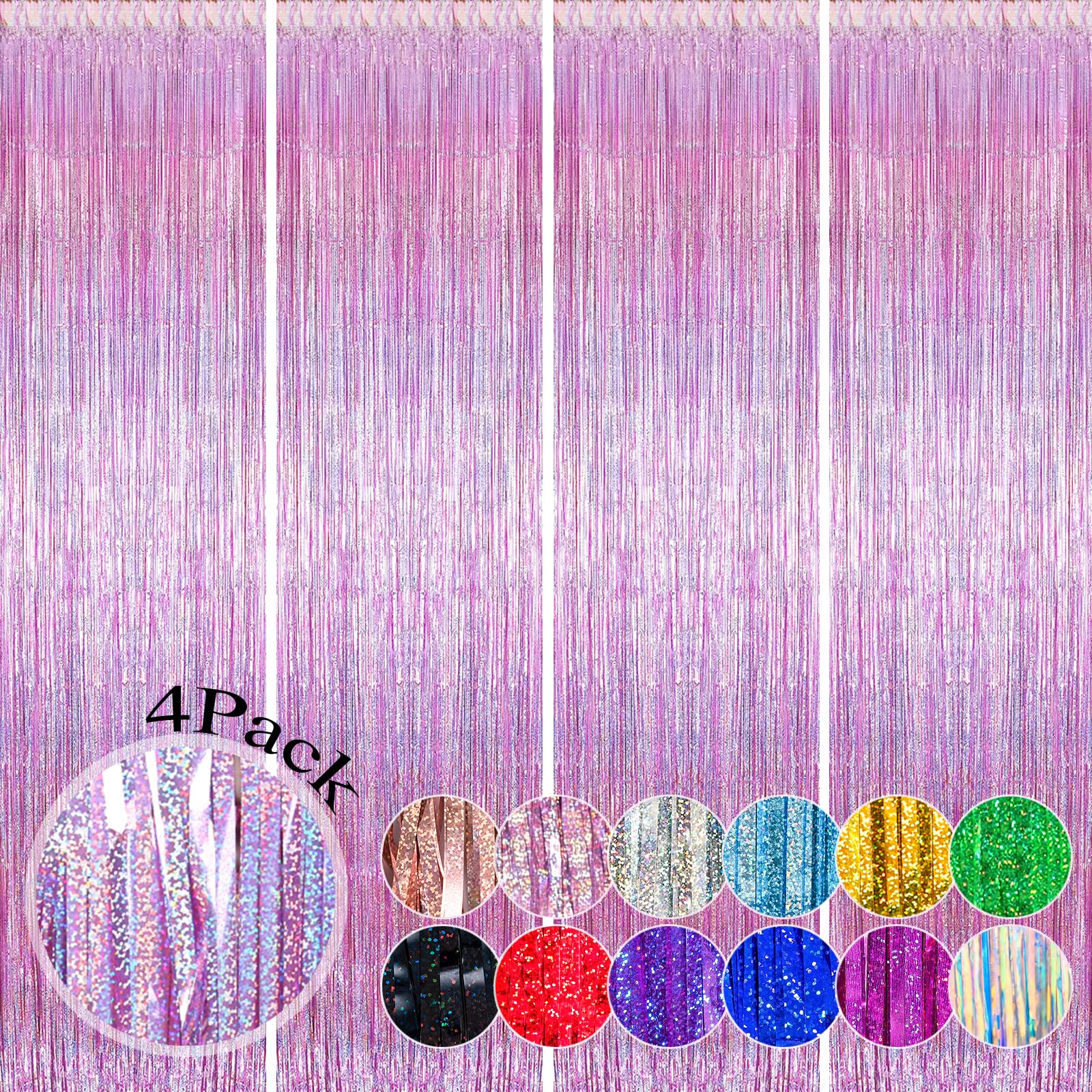 4 Pack Pink Tinsel Curtain Metallic-12.8x8.2 Feet, Slmeno Glitter Pink Fringe Curtain, Pink Party Curtain, Pink Tinsel Backdrop, Pink Streamer Backdrop, Pink Foil Fringe Curtain, Pink Glitter Backdrop